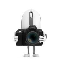 computadora ratón dibujos animados persona personaje mascota con moderno digital foto cámara. 3d representación