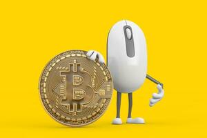 Computer Mouse Cartoon Person Character Mascot with Cryptocurrency Golden Bitcoin Coin . 3d Rendering photo