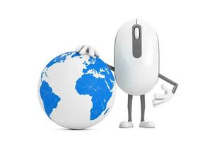 Computer Mouse Cartoon Person Character Mascot with Earth Globe. 3d Rendering photo