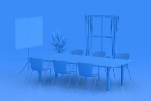 azul monocromo duotono oficina sala de reuniones moderno interior con ventana, mesa, sillas y proyección pantalla. 3d representación foto
