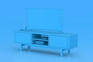 Monochrome Modern Blue Curved Led or LCD Smart TV Screen Mockup above Blue Console Rack. 3d Rendering photo