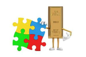 Golden Bar Cartoon Person Character Mascot with Four Pieces of Colorful Jigsaw Puzzle. 3d Rendering photo