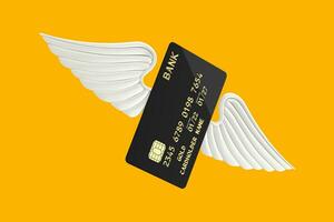 Black Plastic Golden Credit Card with Chip and Angel Wings. 3d Rendering photo
