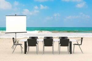 Projection Screen, Table and Chairs as Office Concept on an Ocean or Sea Summer Beach. 3d Rendering photo