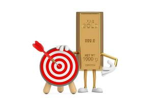 Golden Bar Cartoon Person Character Mascot with Archery Target and Dart in Center. 3d Rendering photo