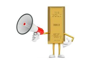 Golden Bar Cartoon Person Character Mascot with Red Retro Megaphone. 3d Rendering photo