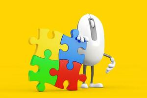 Computer Mouse Cartoon Person Character Mascot with Four Pieces of Colorful Jigsaw Puzzle. 3d Rendering photo