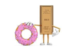 Golden Bar Cartoon Person Character Mascot with Big Strawberry Pink Glazed Donut. 3d Rendering photo