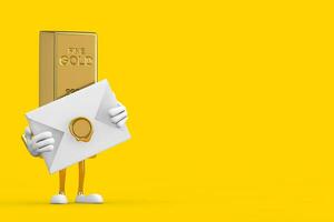 Golden Bar Cartoon Person Character Mascot with White Blank Envelope. 3d Rendering photo