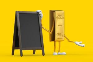 Golden Bar Cartoon Person Character Mascot with Blank Wooden Menu Blackboards Outdoor Display. 3d Rendering photo