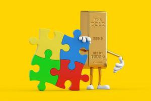 Golden Bar Cartoon Person Character Mascot with Four Pieces of Colorful Jigsaw Puzzle. 3d Rendering photo