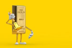 Golden Bar Cartoon Person Character Mascot with Vintage Golden School Bell. 3d Rendering photo