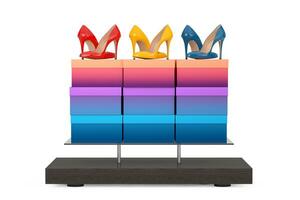 Store Product Display Showcase Rack Shelves with Woman Shoe Boxes and High Heels Wooman Shooes. 3d Rendering photo