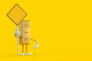 Golden Bar Cartoon Person Character Mascot and Yellow Road Sign with Free Space for Yours Design. 3d Rendering photo