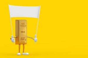 Golden Bar Cartoon Person Character Mascot and Empty White Blank Banner with Free Space for Your Design. 3d Rendering photo