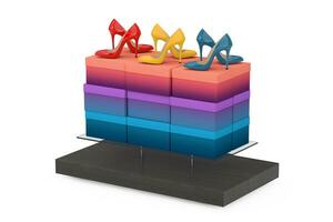 Store Product Display Showcase Rack Shelves with Woman Shoe Boxes and High Heels Wooman Shooes. 3d Rendering photo