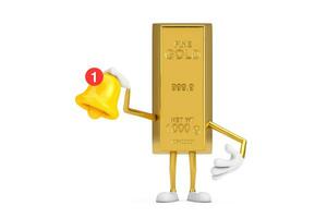 Golden Bar Cartoon Person Character Mascot witn Cartoon Social Media Notification Bell and New Message Icon. 3d Rendering photo