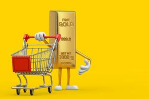 Golden Bar Cartoon Person Character Mascot with Shopping Cart Trolley. 3d Rendering photo