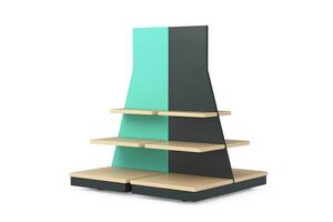 Empty Wooden Store Product Display Showcase Rack Shelves. 3d Rendering photo