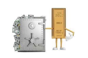 Golden Bar Cartoon Person Character Mascot with Vault or Safe Box Full of Dollar Bills. 3d Rendering photo