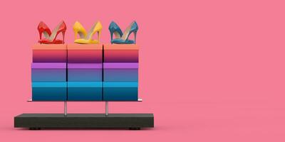 Store Product Display Showcase Rack Shelves with Woman Shoe Boxes and High Heels Wooman Shooes. 3d Rendering photo