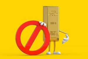 Golden Bar Cartoon Person Character Mascot with Red Prohibition or Forbidden Sign. 3d Rendering photo