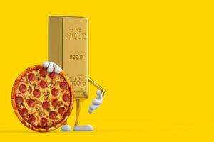 Golden Bar Cartoon Person Character Mascot with Tasty Pepperoni Pizza. 3d Rendering photo