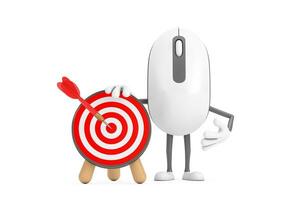 Computer Mouse Cartoon Person Character Mascot with Archery Target and Dart in Center. 3d Rendering photo