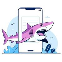 dibujos animados tiburón consiguiendo fuera de un móvil teléfono, plano vector ilustración.