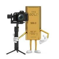 Golden Bar Cartoon Person Character Mascot with DSLR or Video Camera Gimbal Stabilization Tripod System. 3d Rendering photo