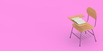 Opened Book over Wooden Lecture School or College Desk Table with Chair. 3d Rendering photo