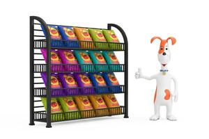 Cartoon Cute Dog Dog near Food Bag Packages Design on a Black Long Showcase Displays with Retail Shelves. 3d Rendering photo