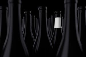 Row of Black Wine Bottles, One with a Blank White Label for Your Design. 3d Rendering photo