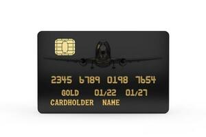 negro el plastico dorado crédito tarjeta con chip y chorro avión. 3d representación foto