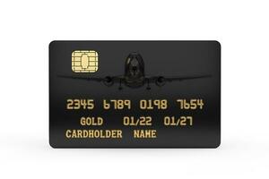 Black Plastic Golden Credit Card with Chip and Jet Airplane. 3d Rendering photo