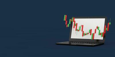 Green and Red Trading Financial Candlesticks Pattern Chart in Front of Modern Laptop Notebook Computer. 3d Rendering photo