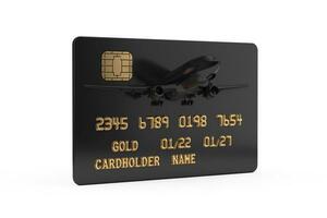Black Plastic Golden Credit Card with Chip and Jet Airplane. 3d Rendering photo