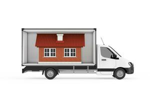 Family House Cottage Building in Freight Compartment of Cargo Van Minibus. 3d Rendering photo