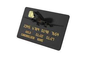 Black Plastic Golden Credit Card with Chip and Jet Airplane. 3d Rendering photo