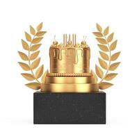 Winner Award Cube Gold Laurel Wreath Podium, Stage or Pedestal with Golden Abstract Birthday Cartoon Dessert Cherry Cake and Candles. 3d Rendering photo