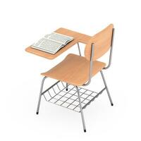 Opened Book over Wooden Lecture School or College Desk Table with Chair. 3d Rendering photo