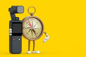 Antique Vintage Brass Compass Cartoon Person Character Mascot with Pocket Gimbal Action Camera. 3d Rendering photo