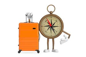 Antique Vintage Brass Compass Cartoon Person Character Mascot with Orange Travel Suitcase. 3d Rendering photo