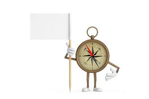 Antique Vintage Brass Compass Cartoon Person Character Mascot with White Flag with Free Space for Your Design. 3d Rendering photo