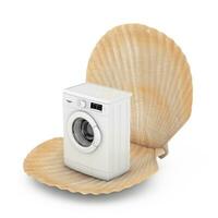 Abstract Modern Fashion Elegant Washing Machine in Beauty Scallop Sea or Ocean Shell Seashell. 3d Rendering photo