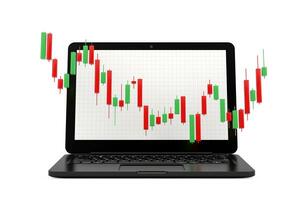 Green and Red Trading Financial Candlesticks Pattern Chart in Front of Modern Laptop Notebook Computer. 3d Rendering photo