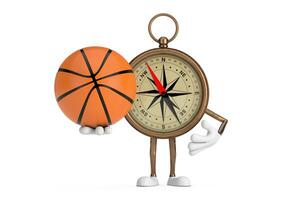 Antique Vintage Brass Compass Cartoon Person Character Mascot with Basketball Ball. 3d Rendering photo