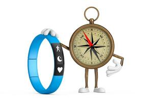 Antique Vintage Brass Compass Cartoon Person Character Mascot with Blue Fitness Tracker. 3d Rendering photo