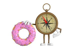 Antique Vintage Brass Compass Cartoon Person Character Mascot with Big Strawberry Pink Glazed Donut. 3d Rendering photo