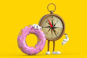 Antique Vintage Brass Compass Cartoon Person Character Mascot with Big Strawberry Pink Glazed Donut. 3d Rendering photo